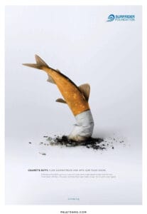 CIGARETTE BUTTS FLOW DOWNSTREAM AND INTO OUR FOOD CHAIN.